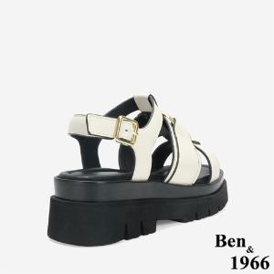 Ben&1966 高級頭層牛皮個性方釦魚骨厚底涼鞋-米白