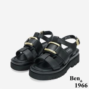 Ben&1966 高級頭層牛皮個性方釦魚骨厚底涼鞋-黑