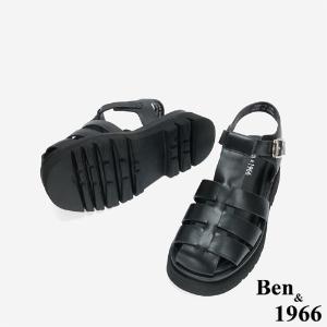 Ben&1966 高級頭層牛皮經典百搭魚骨厚底涼鞋-黑