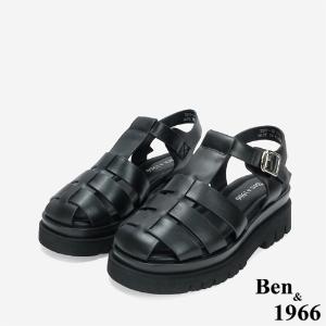 Ben&1966 高級頭層牛皮經典百搭魚骨厚底涼鞋-黑