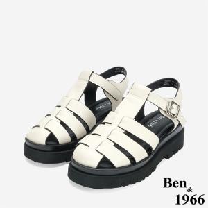 Ben&1966 高級頭層牛皮經典百搭魚骨厚底涼鞋-米白