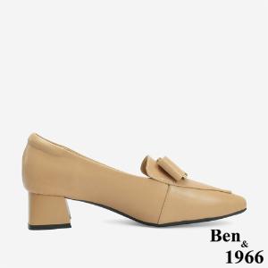 Ben&1966 高級羊皮優雅金屬釦飾方頭高跟樂福鞋-駝(246272)