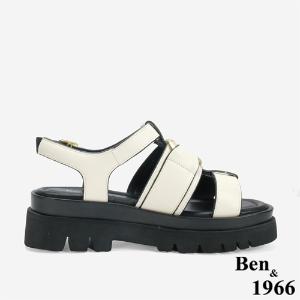 Ben&1966 高級頭層牛皮個性方釦魚骨厚底涼鞋-米白