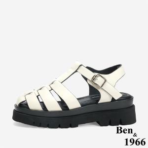 Ben&1966 高級頭層牛皮經典百搭魚骨厚底涼鞋-米白