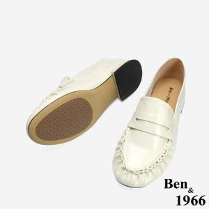 Ben&1966 高級牛油皮抓皺圓頭樂福鞋-米白(246243)