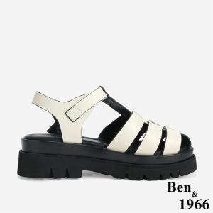 Ben&1966 高級頭層牛皮經典百搭魚骨厚底涼鞋-米白
