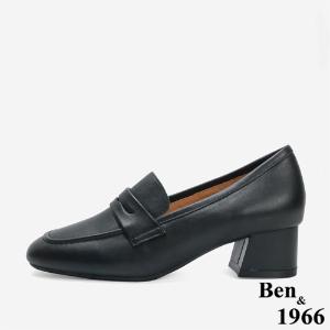 Ben&1966 高級牛皮質感素面方頭高跟樂福鞋-黑(246261)