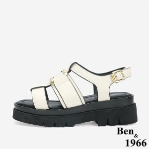 Ben&1966 高級頭層牛皮個性方釦魚骨厚底涼鞋-米白