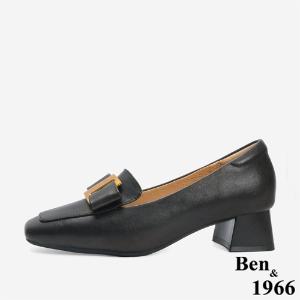 Ben&1966 高級羊皮優雅金屬釦飾方頭高跟樂福鞋-黑(246271)