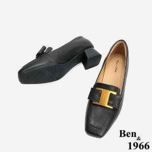 Ben&1966 高級羊皮優雅金屬釦飾方頭高跟樂福鞋-黑(246271)