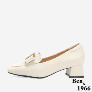Ben&1966 高級羊皮優雅金屬釦飾方頭高跟樂福鞋-米白(246273)