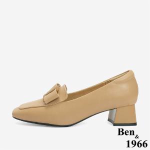 Ben&1966 高級羊皮優雅金屬釦飾方頭高跟樂福鞋-駝(246272)