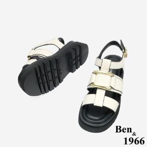 Ben&1966 高級頭層牛皮個性方釦魚骨厚底涼鞋-米白