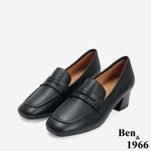 Ben&1966 高級牛皮質感素面方頭高跟樂福鞋-黑(246261)