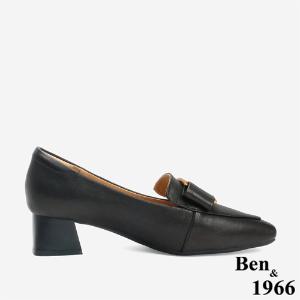 Ben&1966 高級羊皮優雅金屬釦飾方頭高跟樂福鞋-黑(246271)