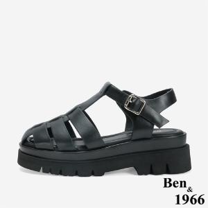 Ben&1966 高級頭層牛皮經典百搭魚骨厚底涼鞋-黑