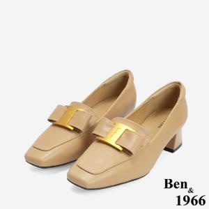 Ben&1966 高級羊皮優雅金屬釦飾方頭高跟樂福鞋-駝(246272)