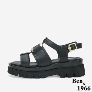Ben&1966 高級頭層牛皮個性方釦魚骨厚底涼鞋-黑