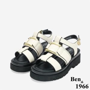 Ben&1966 高級頭層牛皮個性方釦魚骨厚底涼鞋-米白