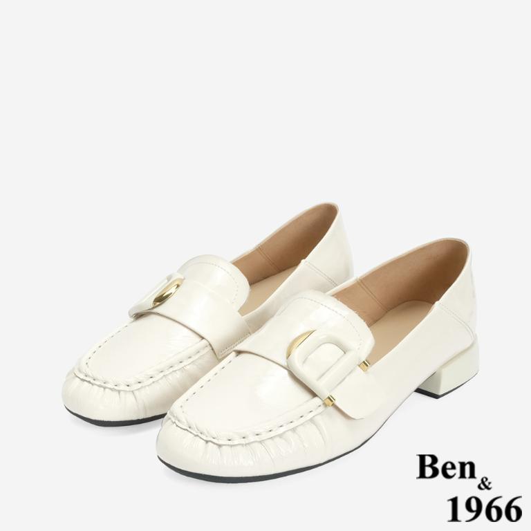 Ben&1966 高級牛漆皮個性D釦方頭低跟樂福鞋-米白(246332)