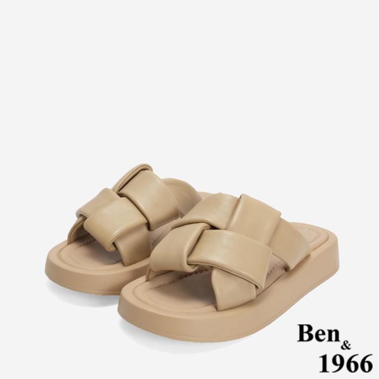 Ben&1966 柔軟綿羊皮胖胖編織感厚底拖鞋-杏(246472)