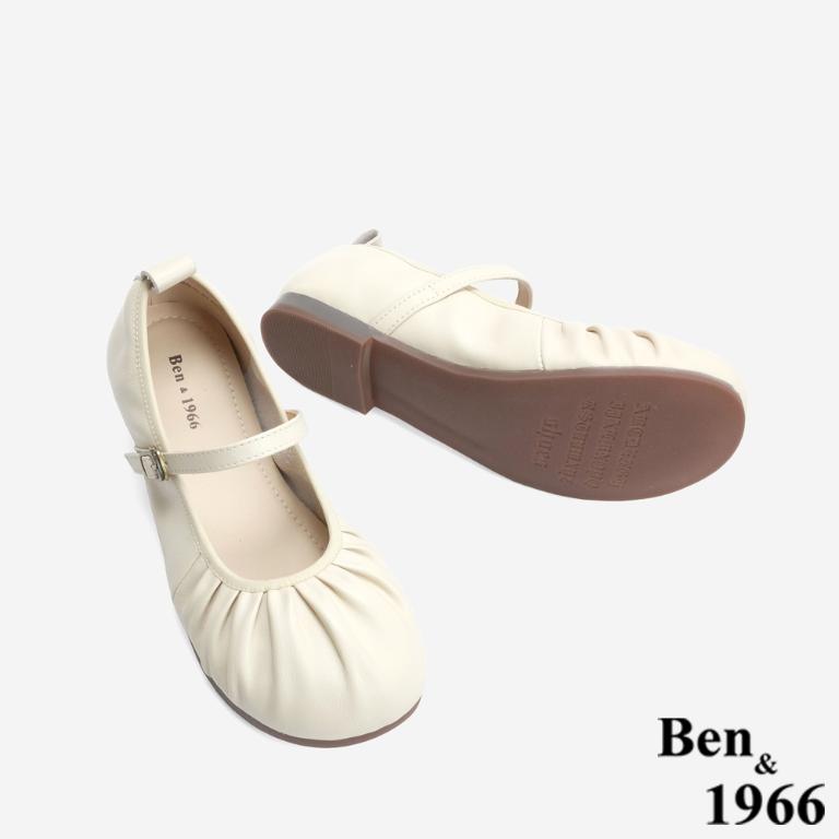 Ben&1966 高級頭層牛皮圓頭抓皺舒適瑪莉珍鞋-米白