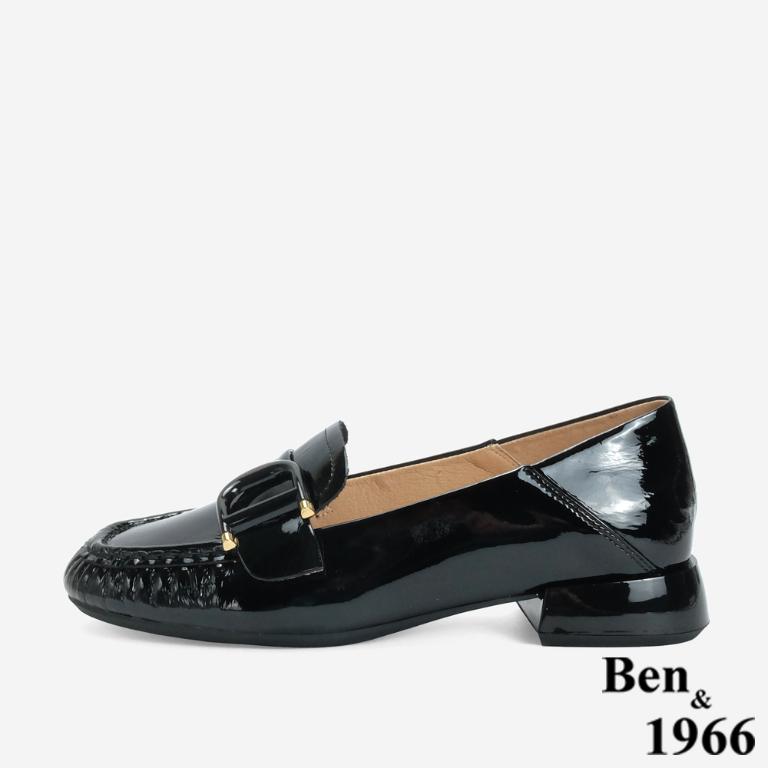 Ben&1966 高級牛漆皮個性D釦方頭低跟樂福鞋-黑