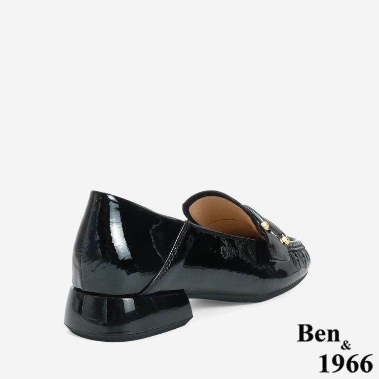 Ben&1966 高級牛漆皮個性D釦方頭低跟樂福鞋-黑