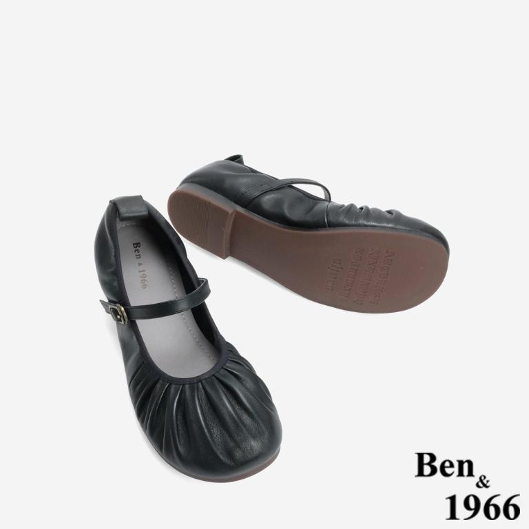Ben&1966 高級頭層牛皮圓頭抓皺舒適瑪莉珍鞋-黑(246251)