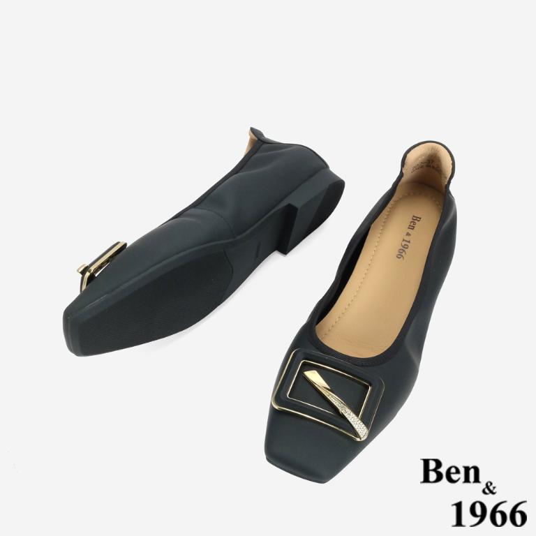 Ben&1966 高級絲綢羊皮舒適內增高方頭包鞋-黑