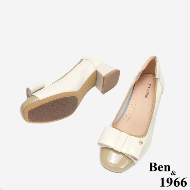 Ben&1966 質感牛皮氣質撞色蝴蝶結方頭粗跟鞋-杏