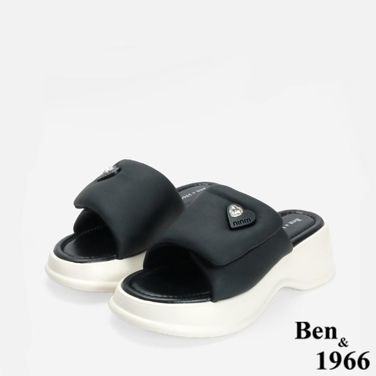 Ben&1966 高級羊皮可愛澎澎感愛心釦厚底拖鞋-黑