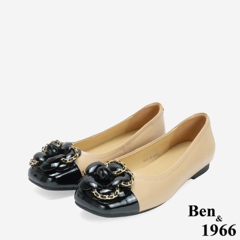 Ben&1966 柔軟羊皮優雅山茶花方頭包鞋-杏(246321)