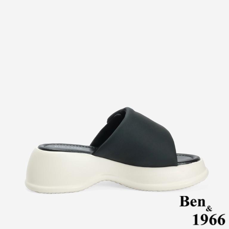 Ben&1966 高級羊皮可愛澎澎感愛心釦厚底拖鞋-黑