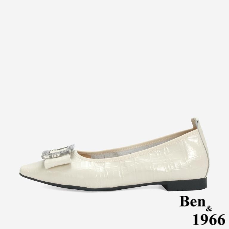 Ben&1966 高級頭層牛皮金屬方釦氣質尖頭包鞋-米白