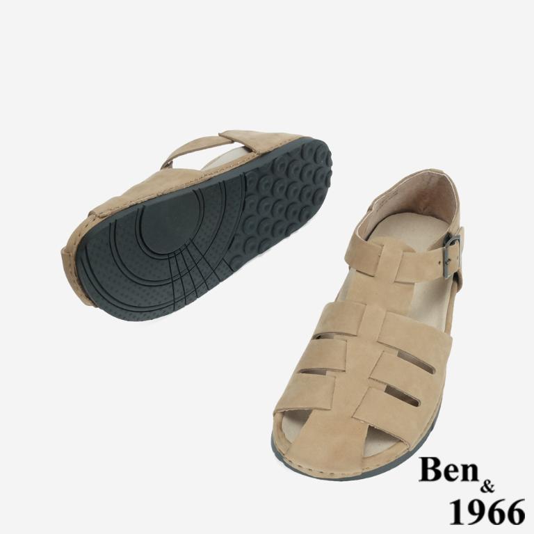 Ben&1966 高級牛磨砂皮知性文青魚骨涼鞋-深杏