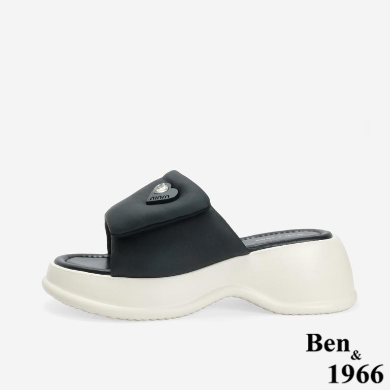 Ben&1966 高級羊皮可愛澎澎感愛心釦厚底拖鞋-黑