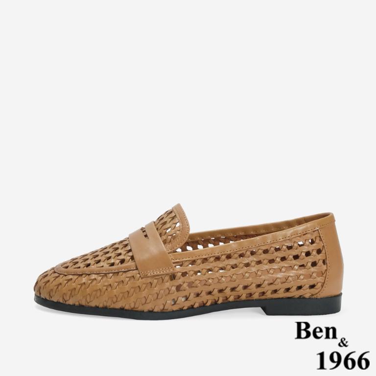 Ben&1966 高級頭層牛皮質感編織樂福鞋-太妃糖棕