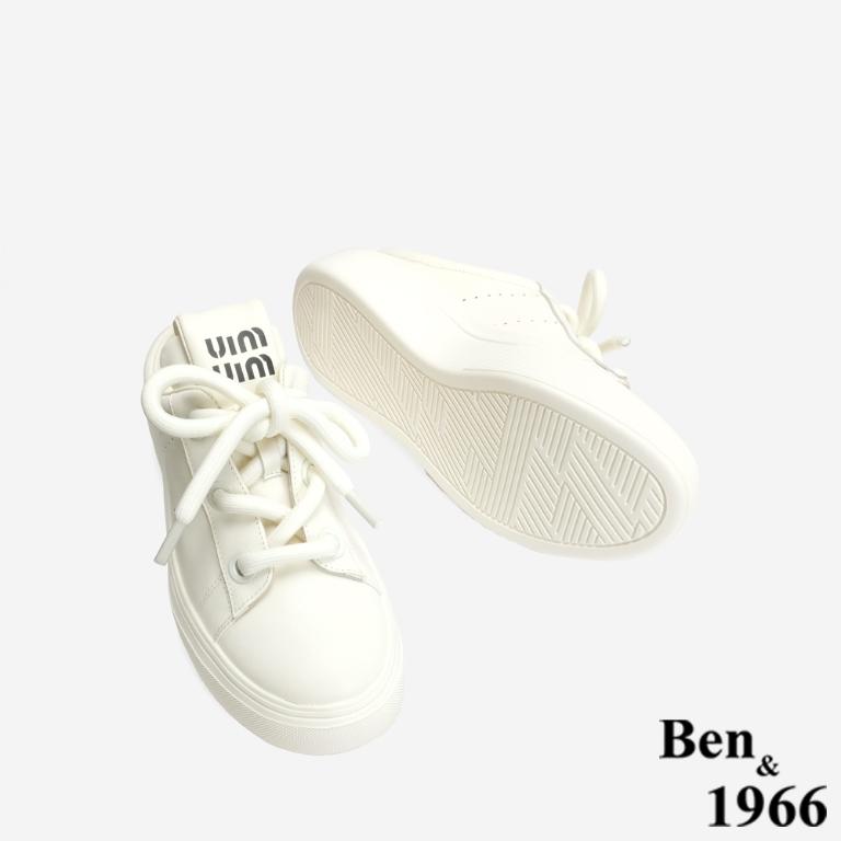 Ben&1966 高級頭層牛皮可愛圓鞋帶胖胖休閒鞋-米白