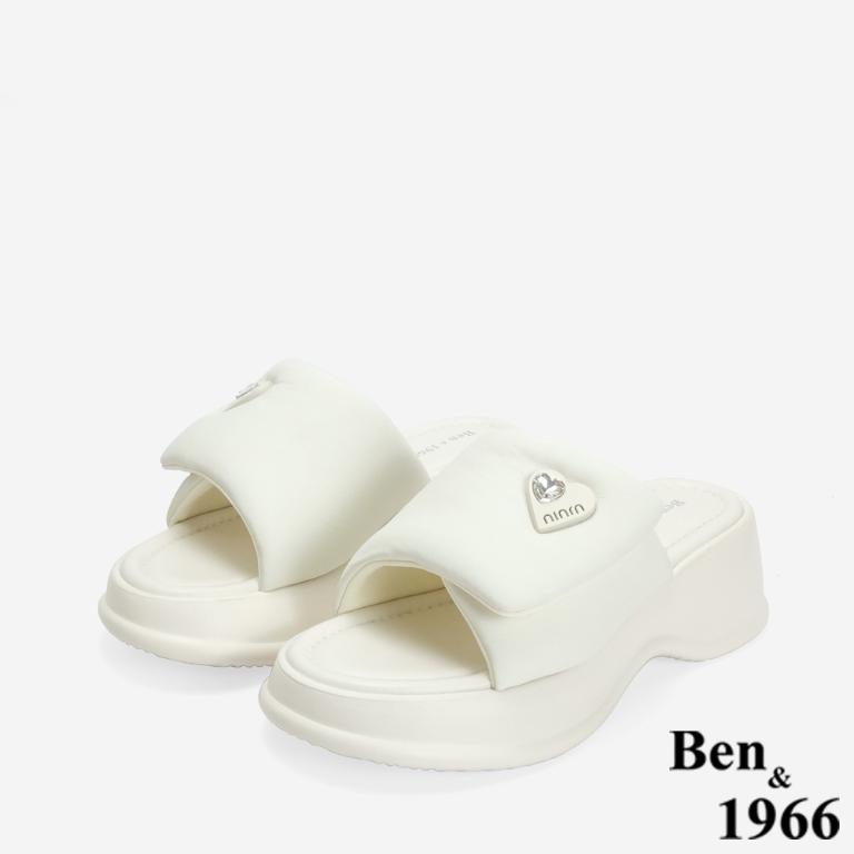 Ben&1966 高級羊皮可愛澎澎感愛心釦厚底拖鞋-米白