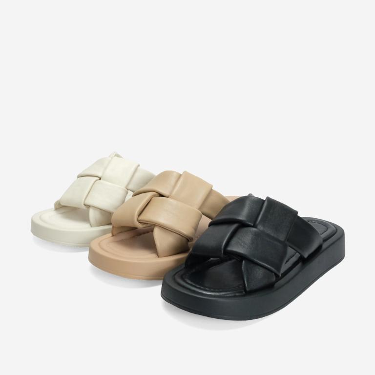 Ben&1966 柔軟綿羊皮胖胖編織感厚底拖鞋-米白(246473)