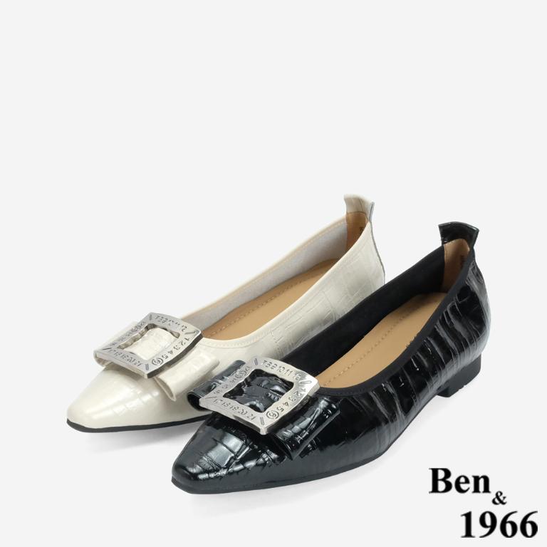 Ben&1966 高級頭層牛皮金屬方釦氣質尖頭包鞋-黑