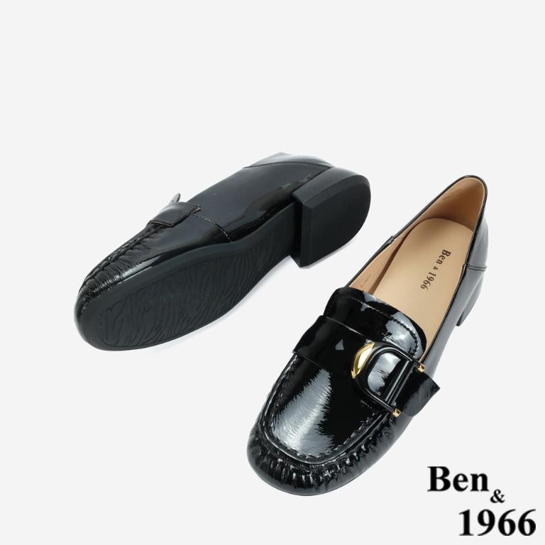 Ben&1966 高級牛漆皮個性D釦方頭低跟樂福鞋-黑