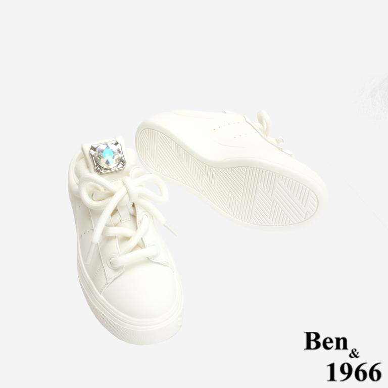 Ben&1966 高級頭層牛皮可愛圓鞋帶鑽釦胖胖休閒鞋-米白