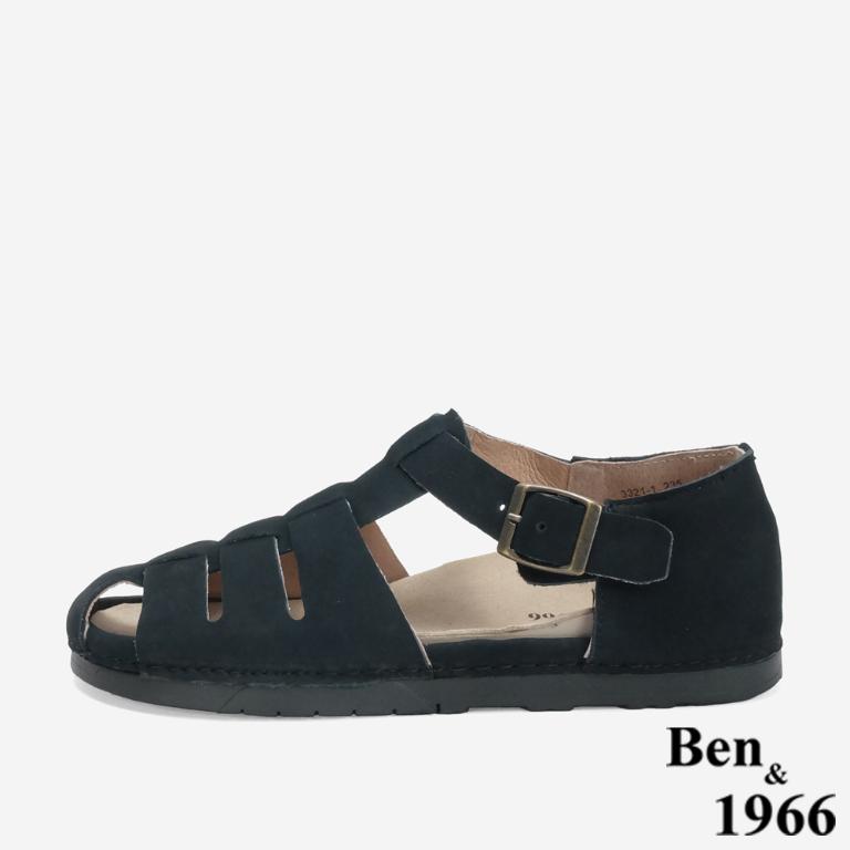 Ben&1966 高級牛磨砂皮知性文青魚骨涼鞋-黑