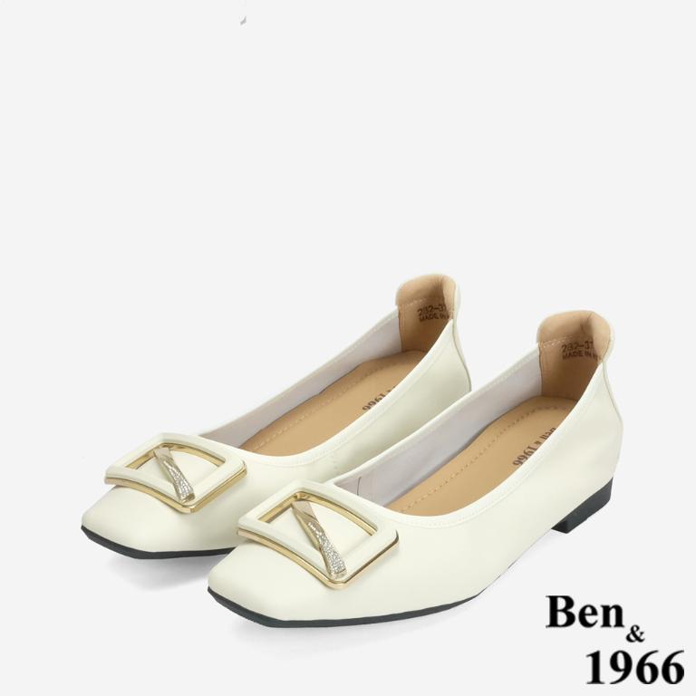 Ben&1966 高級絲綢羊皮舒適內增高方頭包鞋-米白