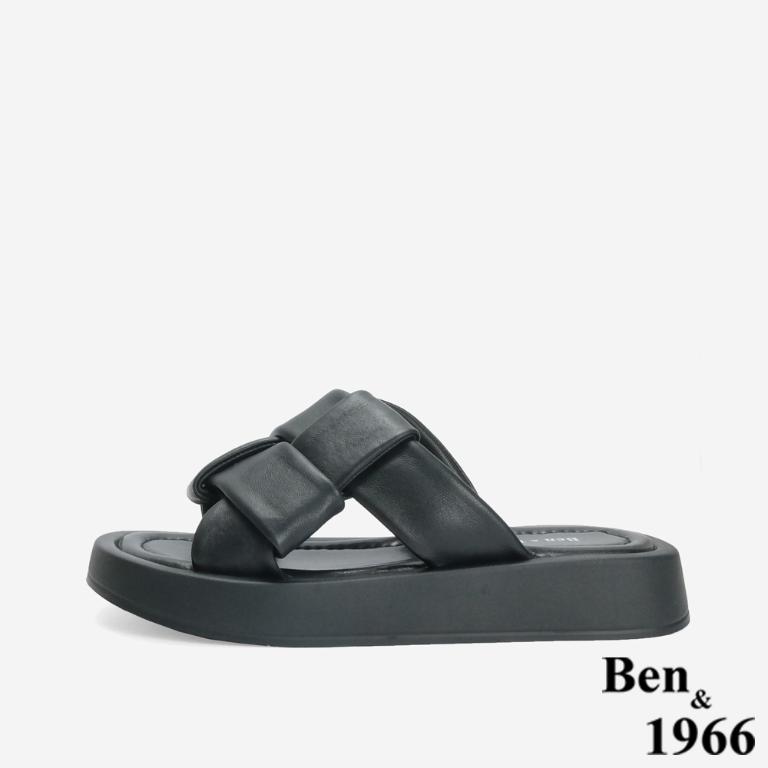 Ben&1966 柔軟綿羊皮胖胖編織感厚底拖鞋-黑(246471)