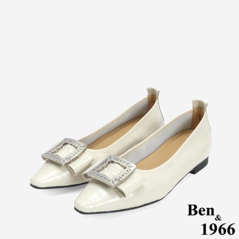 Ben&1966 高級頭層牛皮金屬方釦氣質尖頭包鞋-米白
