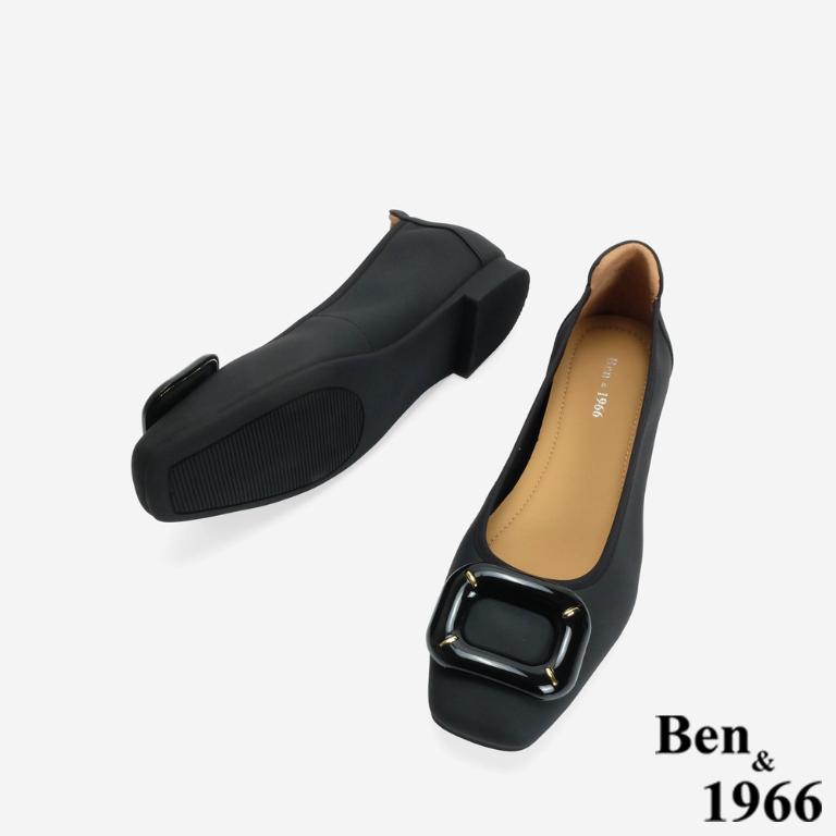 Ben&1966 高級絲綢羊皮可愛方釦舒適包鞋-黑(246581)