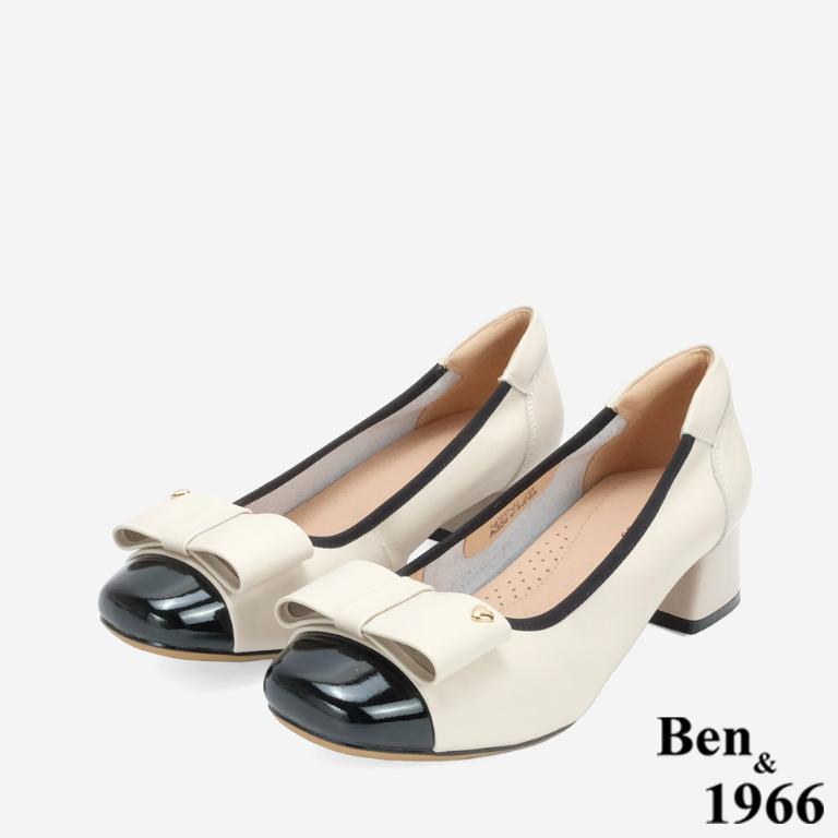 Ben&1966 質感牛皮氣質撞色蝴蝶結方頭粗跟鞋-黑